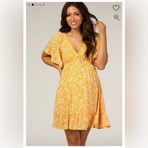 Pinkblush, yellow floral, smocked, ruffle, maternity dress, mustard, medium
